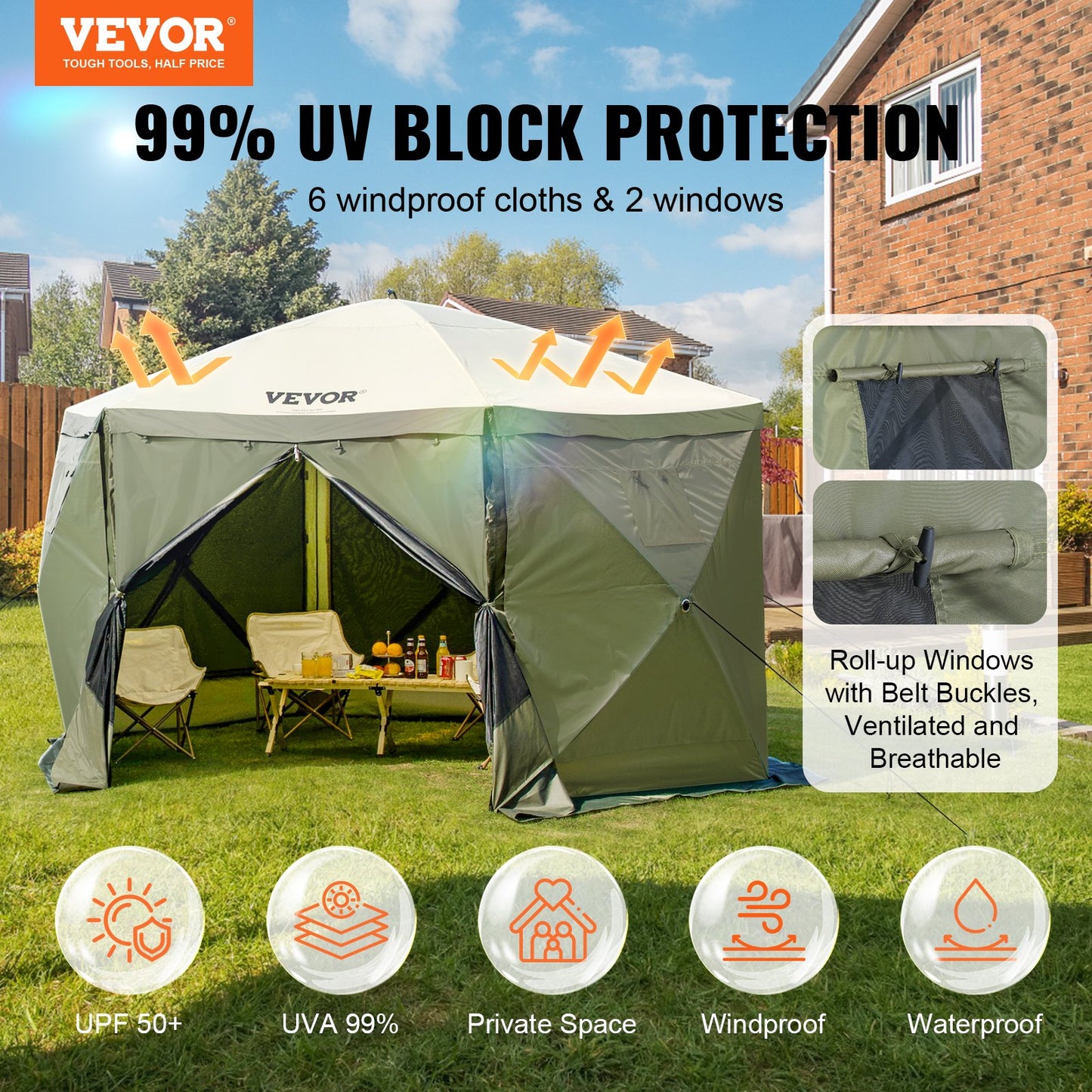 VEVOR Pop Up Gazebo Tent, Pop-Up Screen Tent 6 Sided Canopy Sun Shelter with 6 Removable