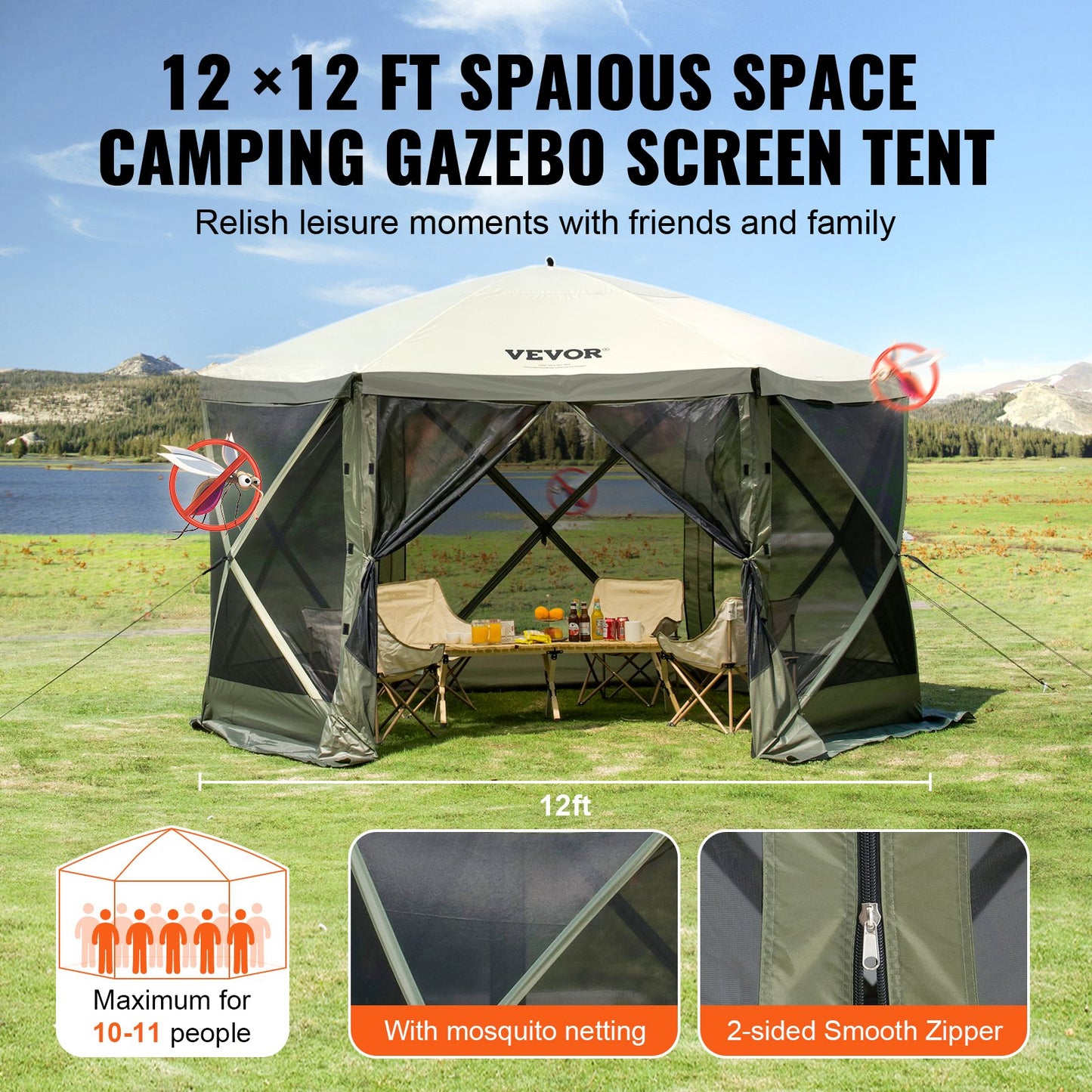 VEVOR Pop Up Gazebo Tent, Pop-Up Screen Tent 6 Sided Canopy Sun Shelter with 6 Removable