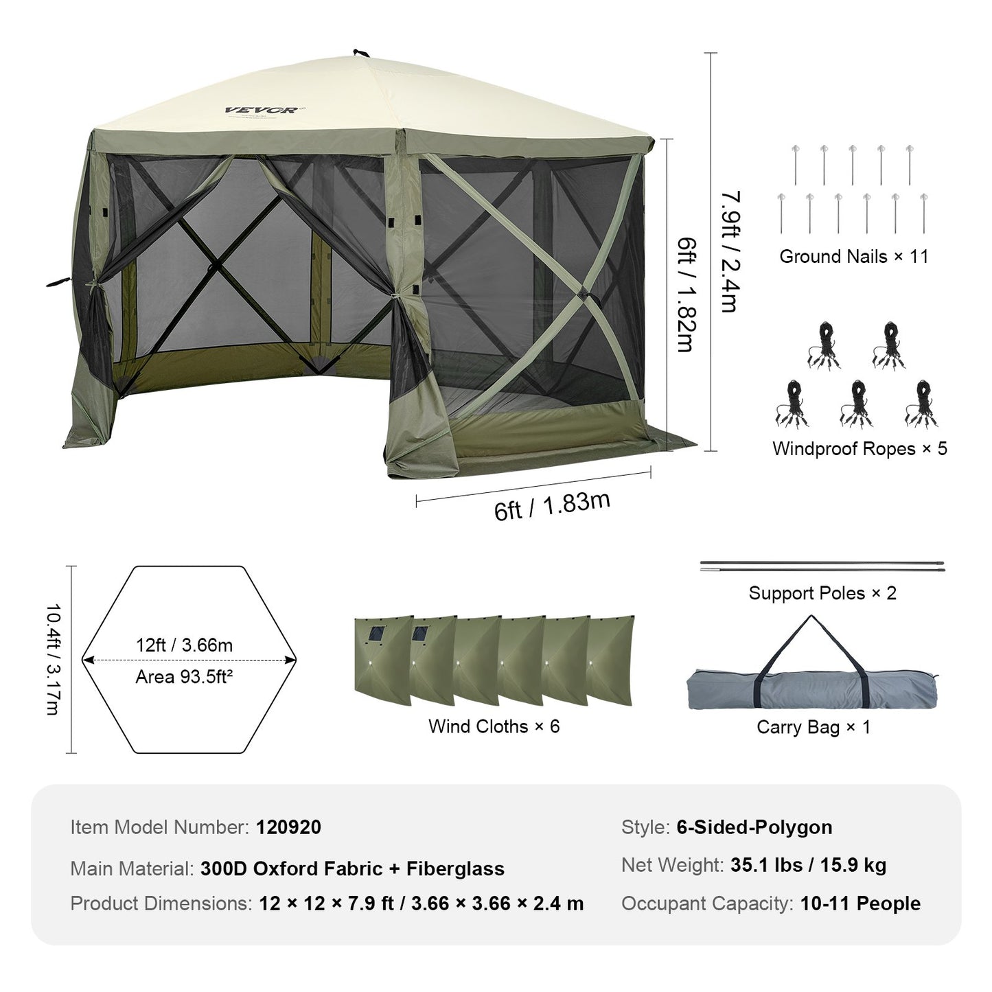 VEVOR Pop Up Gazebo Tent, Pop-Up Screen Tent 6 Sided Canopy Sun Shelter with 6 Removable