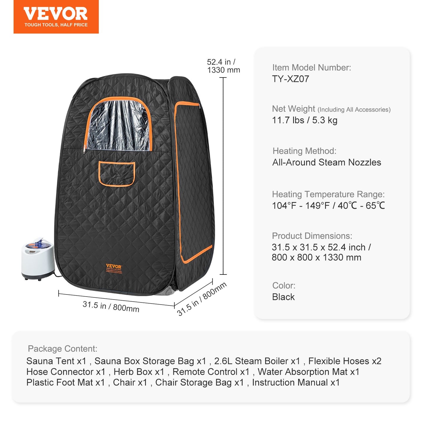 VEVOR 1000W Personal Steam Sauna Tent Loss Weight Detox Therapy Spa Compact, 800