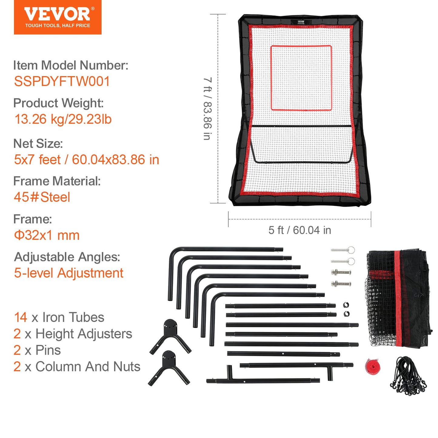 VEVOR Lacrosse Rebounder for Backyard, 5x7 Ft Volleyball Bounce Back Net, Pitchback