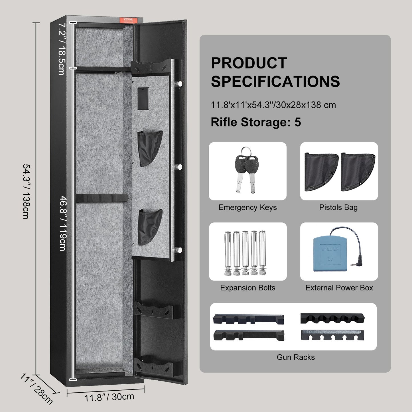 VEVOR 5 Rifles Gun Safe, Rifle Safe with Fingerprint Lock, Quick Access Gun Storage