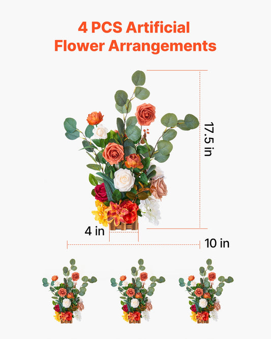 Standing Artificial Flowers Arrangements 4 PCS, 450 mm Tall Faux Flower Decorations for Wedding Aisle Runner Chair, Orange Floral Centerpieces for Ceremony Reception Party Outdoor Decor