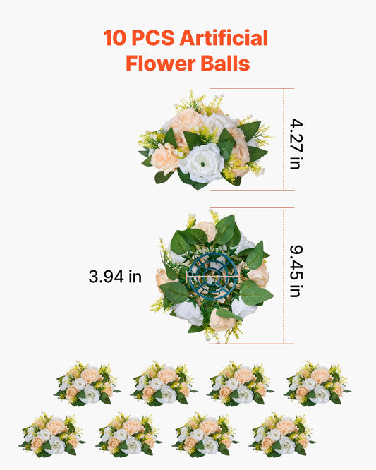 Flower Ball Arrangement Bouquet 10 PCS, 240 mm Diameter Artificial Flower Balls Wedding Table Centerpieces, Rose Arrangements for Wedding Centerpiece Home Decoration, Champagne & White Roses