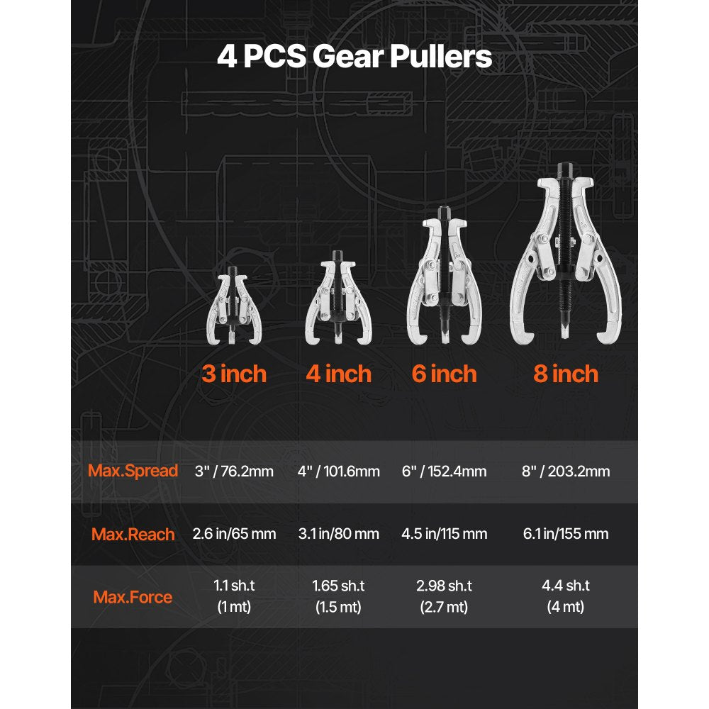4Pcs 3 Jaw Gear Puller Set Pulley Bearing Puller 76.2/101.6/152.4/203.2 mm
