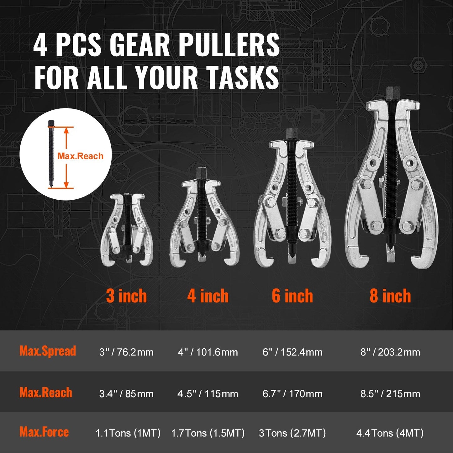 Heavy-Duty 3-Jaw Gear Puller Set, 0.07m to 0.2m, 4-Piece Adjustable Kit