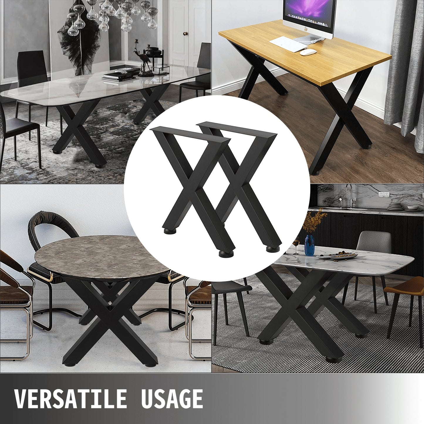 Set of 2 Black Steel Table Legs, 0.4m X-Frame Heavy Duty Dining Legs