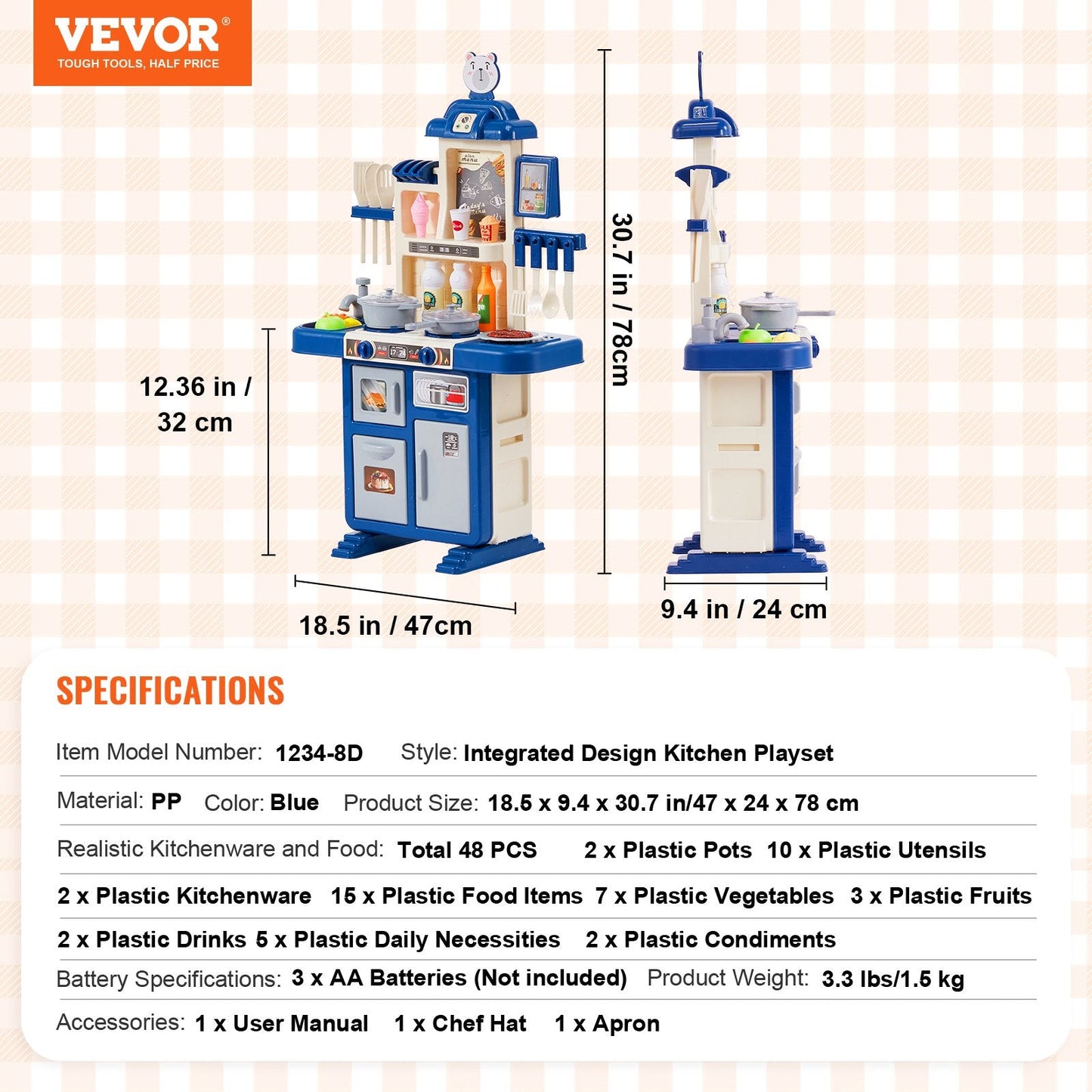 Kids' Blue Kitchen Playset with 48-Piece Accessories, 47 x 24 x 78 cm