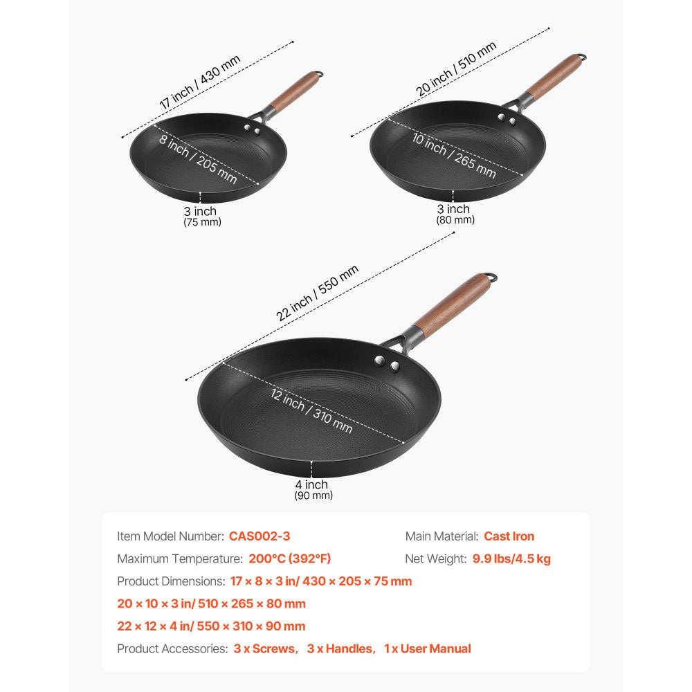 3 Piece Cast Iron Skillet Frying Pan Set 205 265 310 mm Nonstick Black