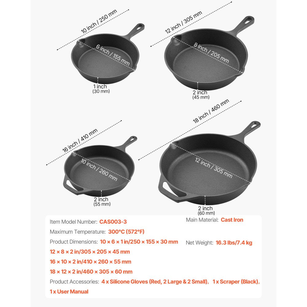 4 Piece Cast Iron Skillet Frying Pan Set 155 205 260 305 mm Handle Black