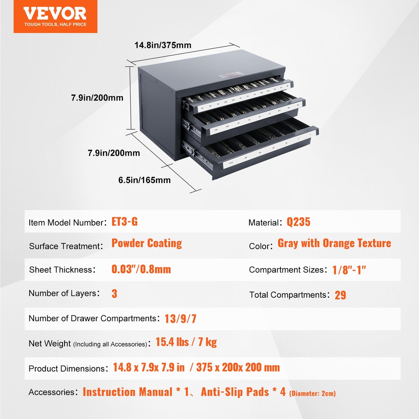 VEVOR End Mill Dispenser Cabinet, Three-Drawer End Mill Organizer Cabinet for 1/8"