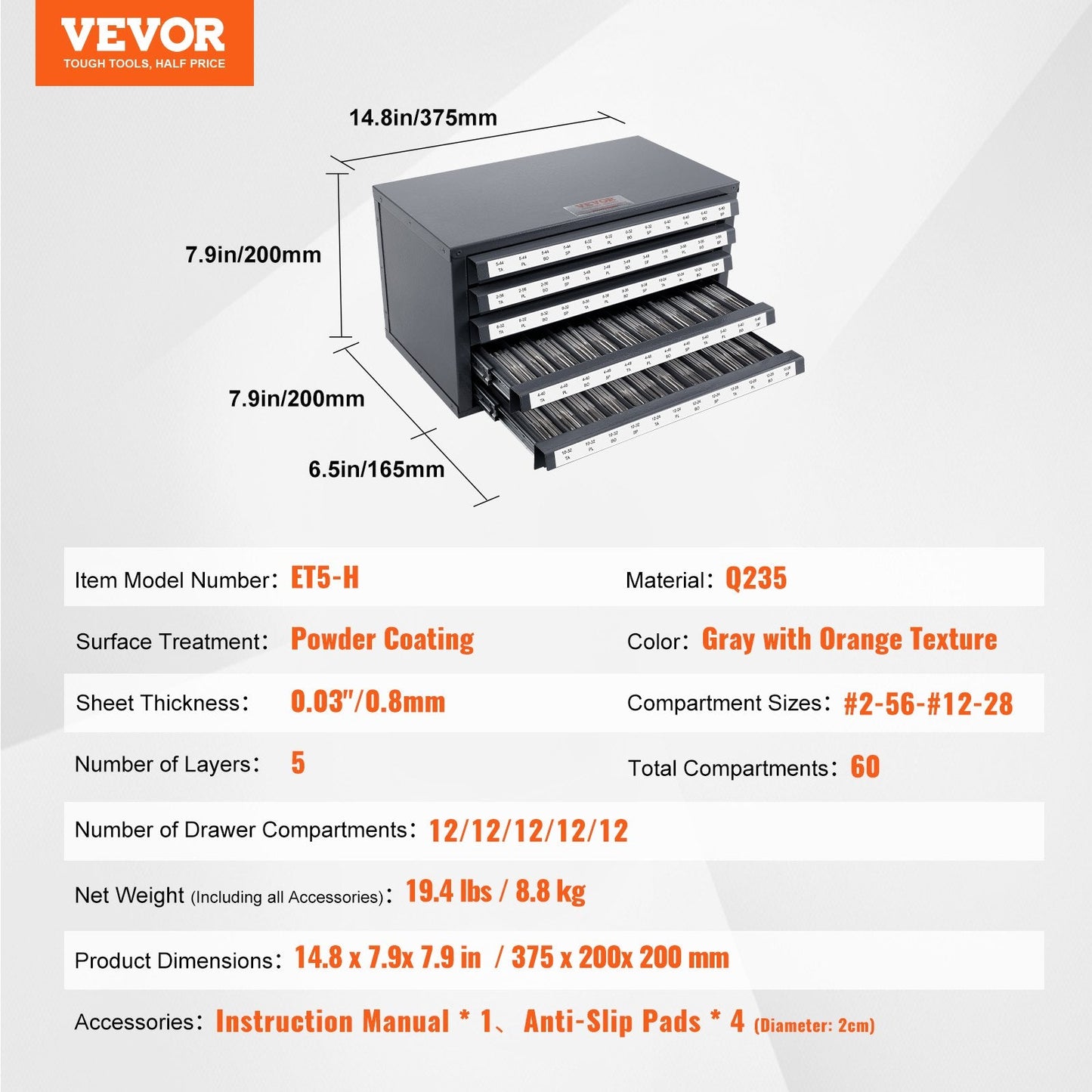 Five-Drawer Tap Organizer Cabinet with 60 Compartments, 8.8 kg, Gray/Orange