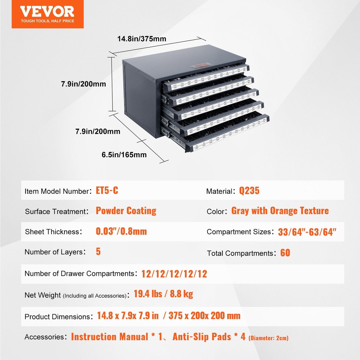 Five-Drawer Drill Bit Organizer Cabinet with 60 Compartments, Gray and Orange