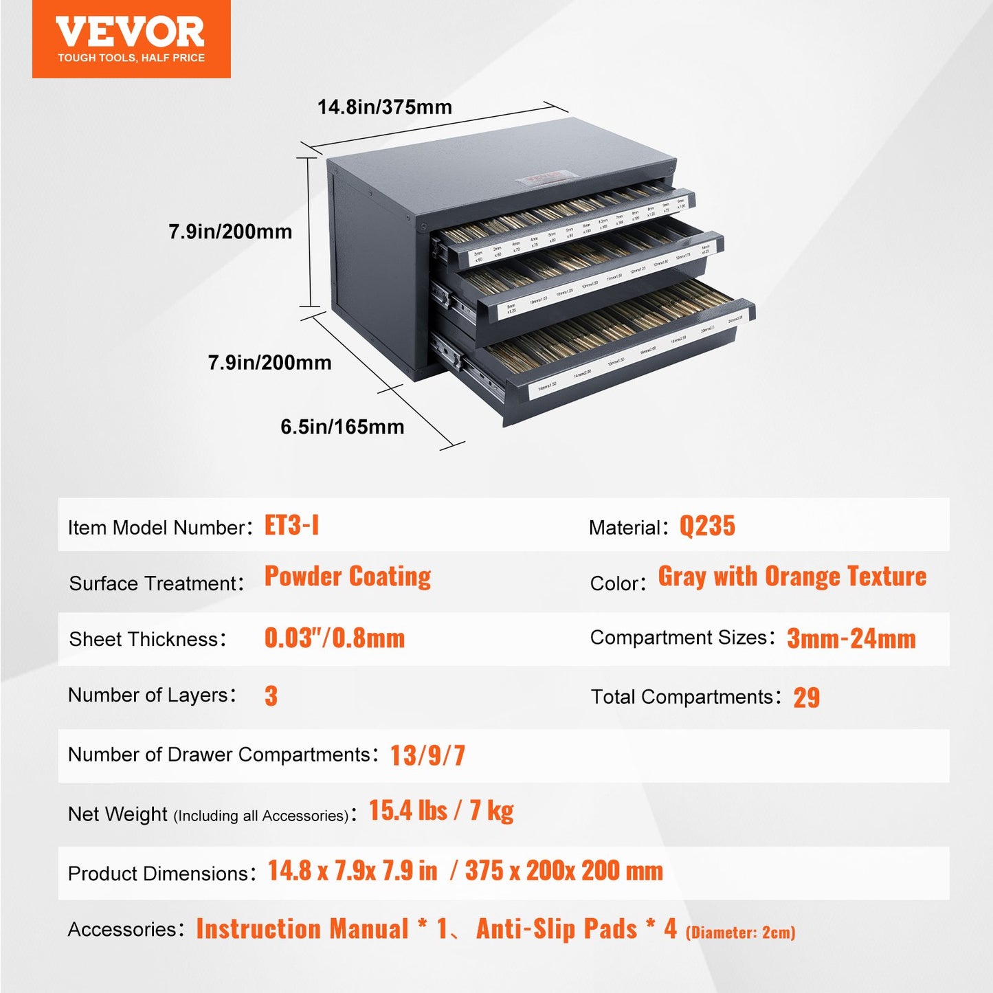 VEVOR Tap Dispenser Cabinet, Three-Drawer Tap Organizer Cabinet for 3mm-24mm Steel
