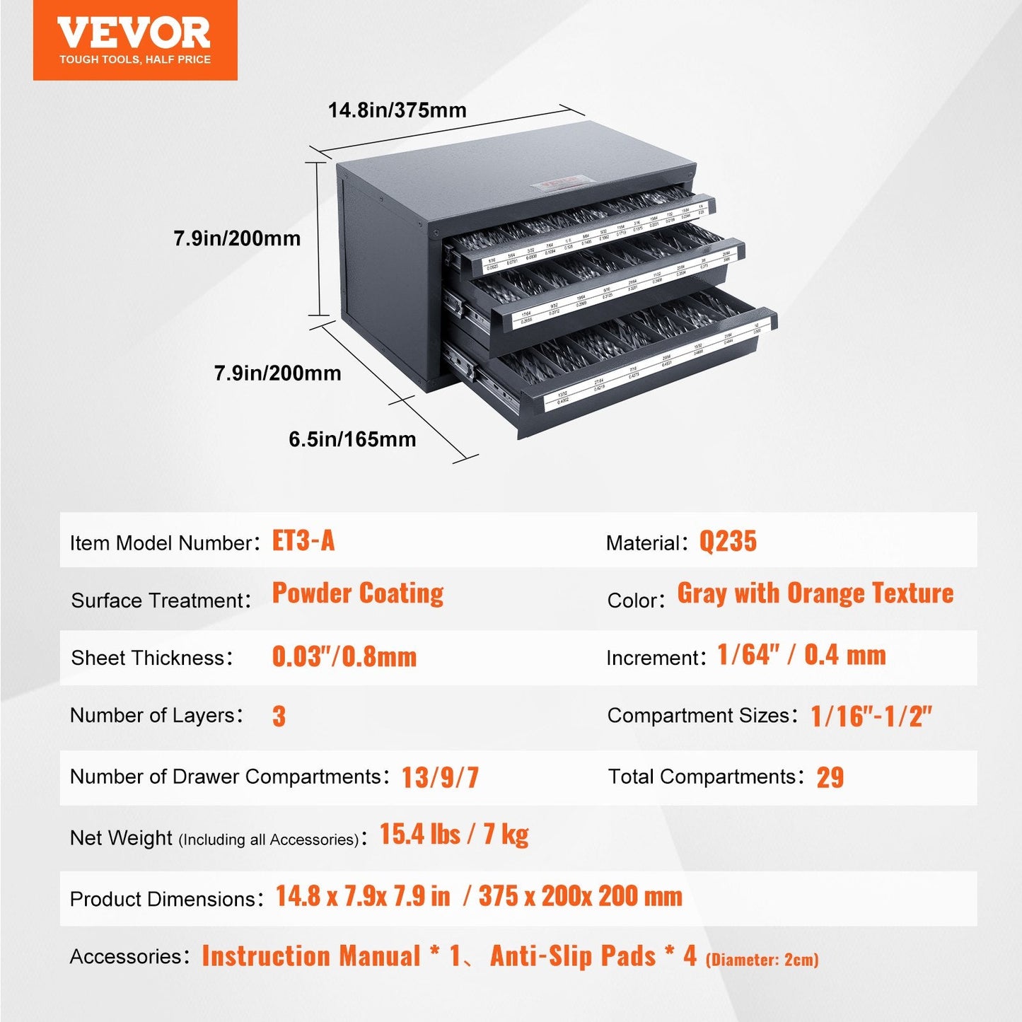 Three-Drawer Drill Bit Organizer Cabinet, Steel, 375mm x 200mm x 200mm