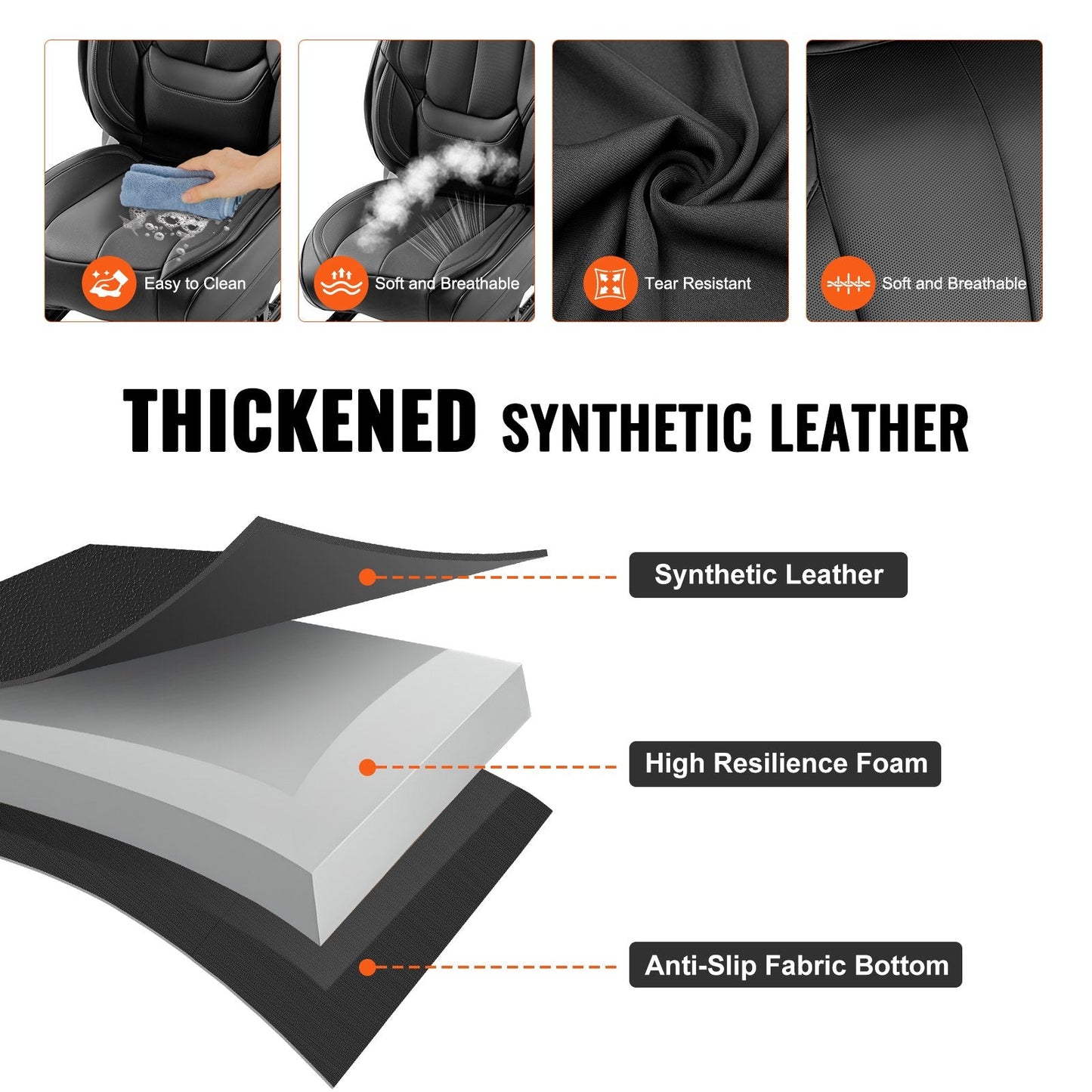 Universal Faux Leather Car Seat Covers, 6pcs, Black, Airbag Compatible