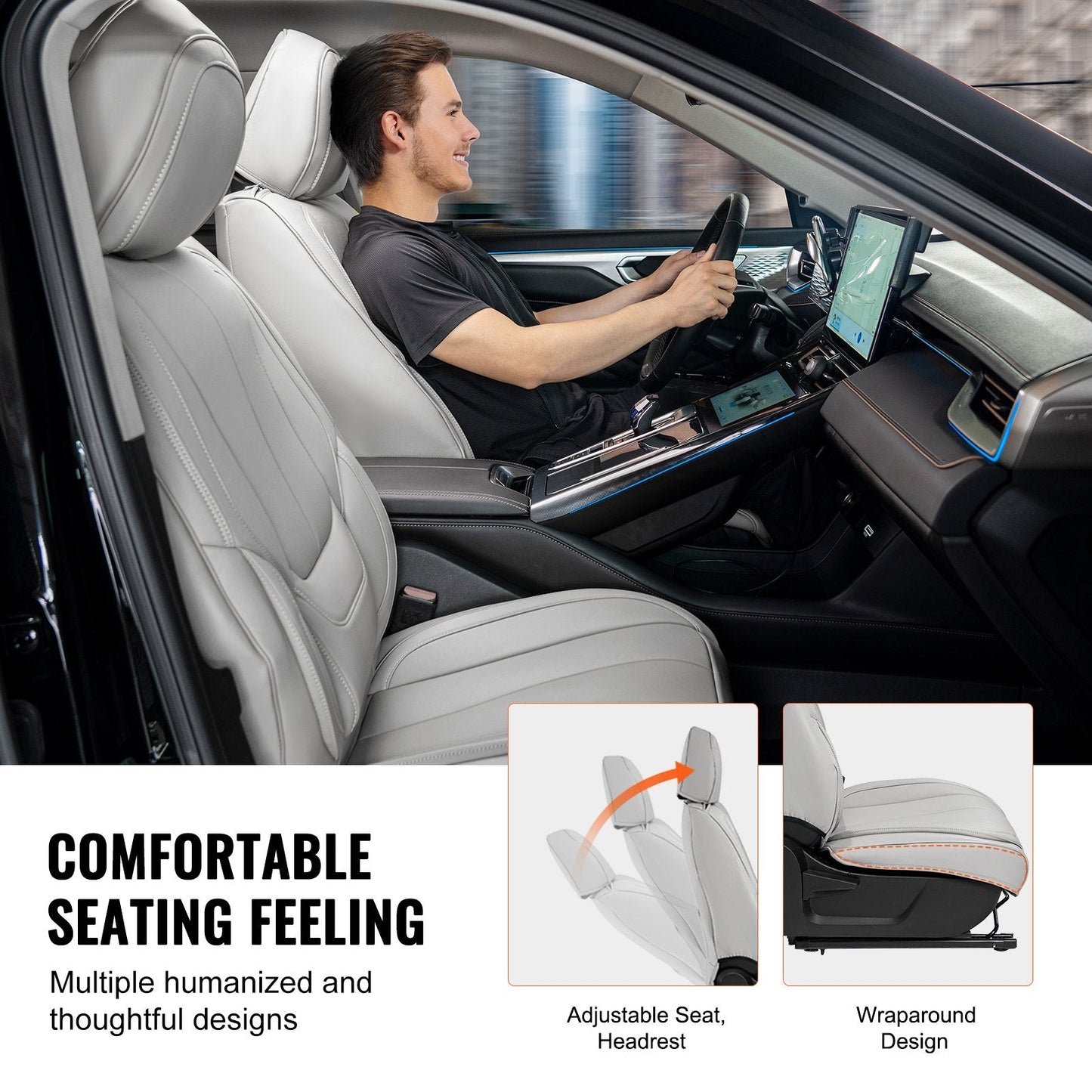Universal Faux Leather Car Seat Covers Set, 13pcs, Fits Most Vehicles, Gray