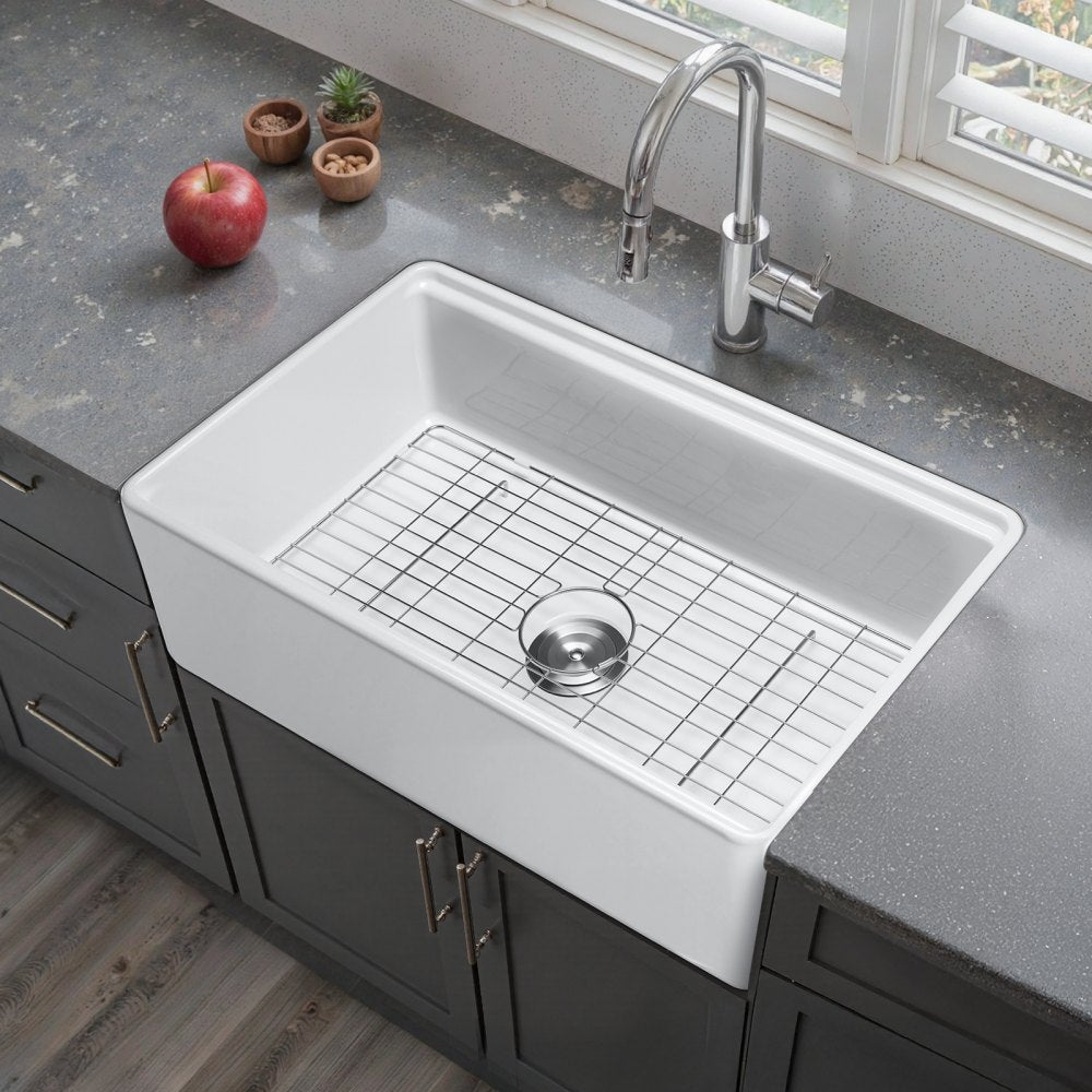 VEVOR 32.5 in Farmhouse Sink Undermount Kitchen Single Bowl Basin Fireclay White