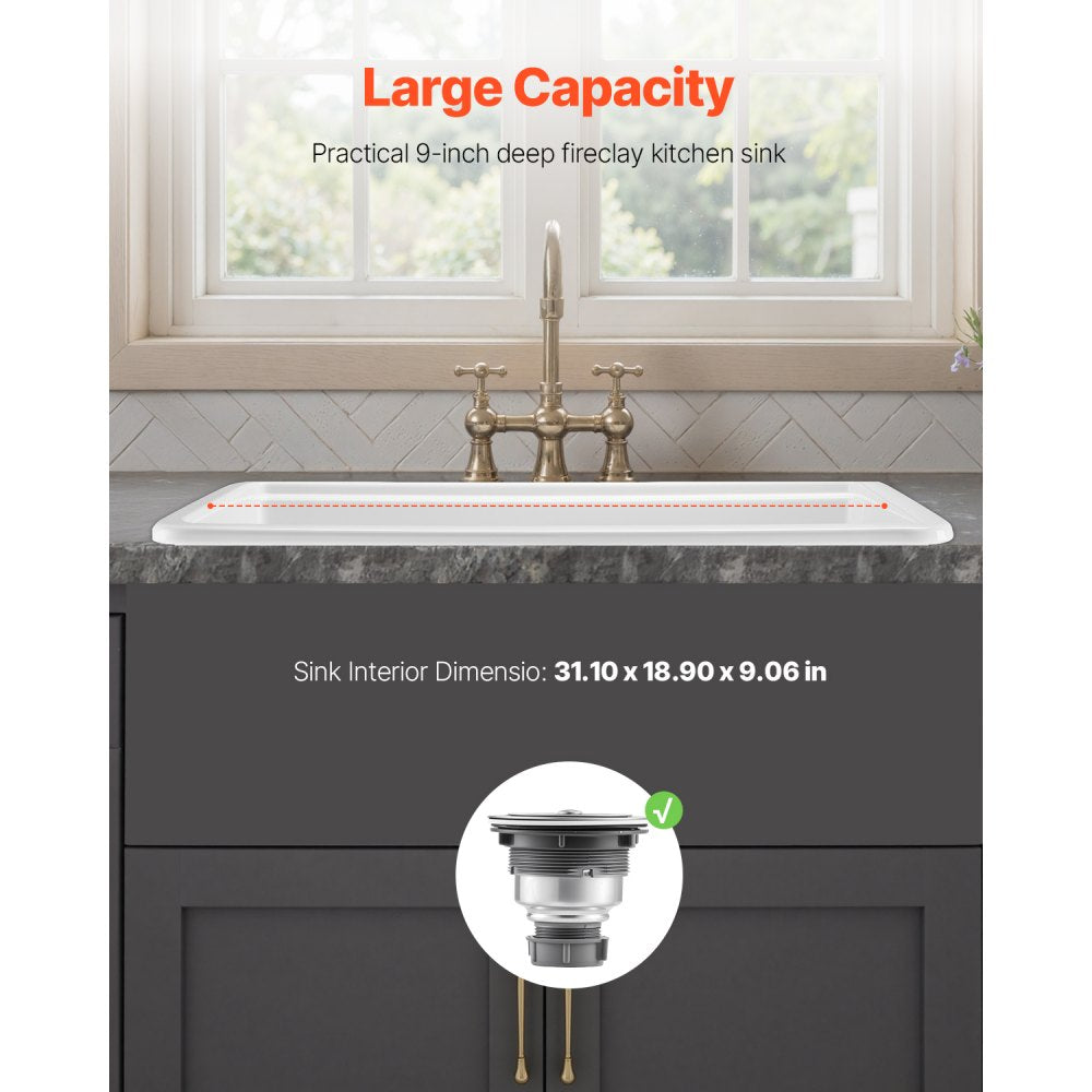 VEVOR 33in Farmhouse Sink Topmount Undermount Kitchen Single Bowl Basin Fireclay