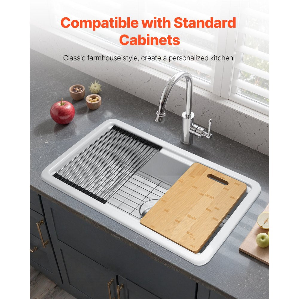 VEVOR 33in Farmhouse Sink Topmount Undermount Kitchen Single Bowl Basin Fireclay