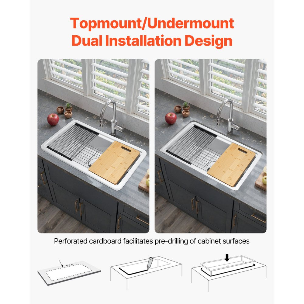 VEVOR 33in Farmhouse Sink Topmount Undermount Kitchen Single Bowl Basin Fireclay