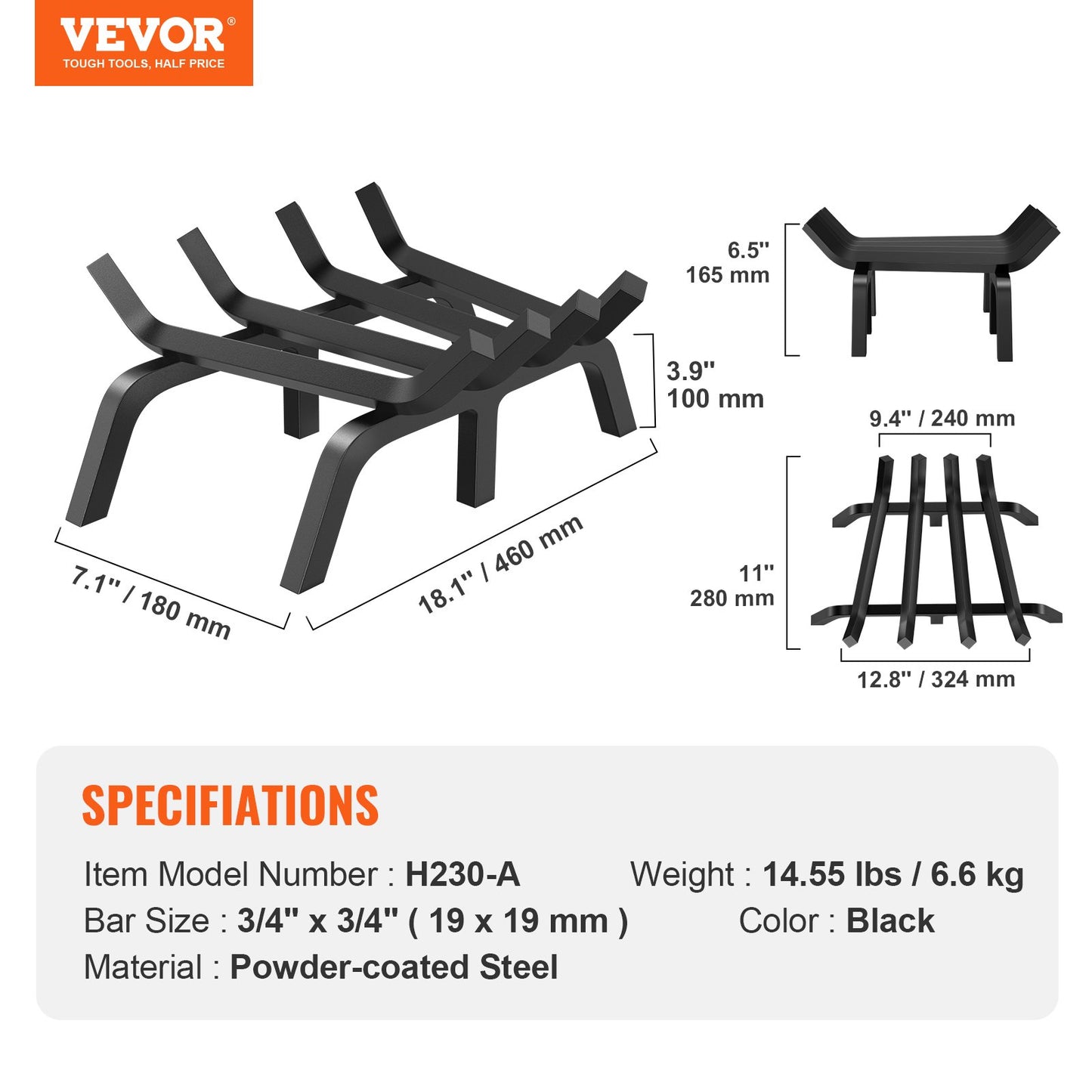 VEVOR Fireplace Log Grate, 18 inch Heavy Duty Fireplace Grate with 6 Support Legs,
