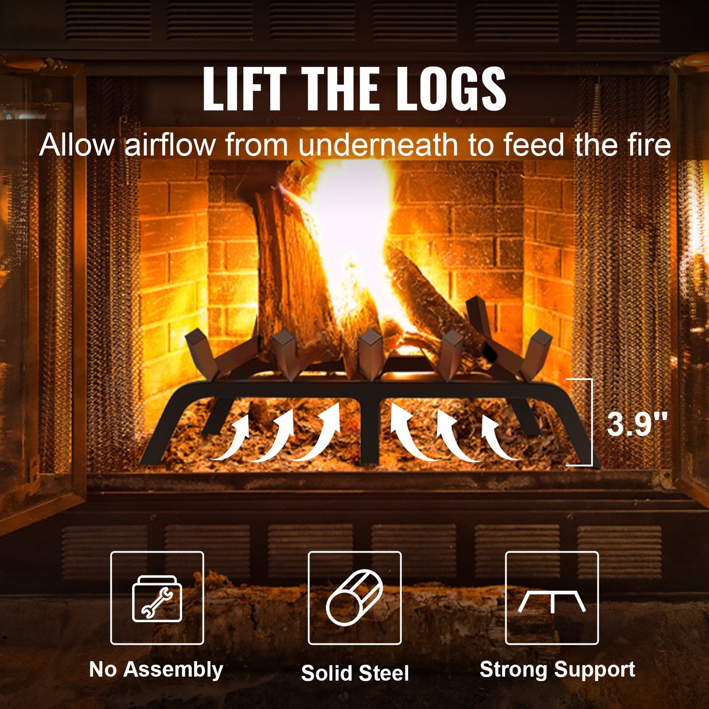 VEVOR Fireplace Log Grate, 609.6mm Heavy Duty Fireplace Grate with 6 Support Legs,