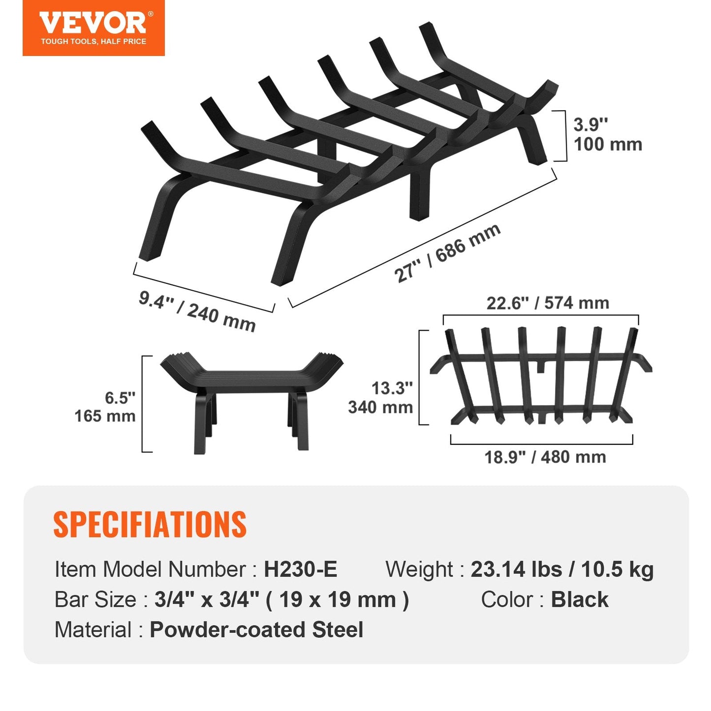 Heavy Duty Fireplace Grate with 6 Legs, 0.69m Powder-Coated Steel Bars