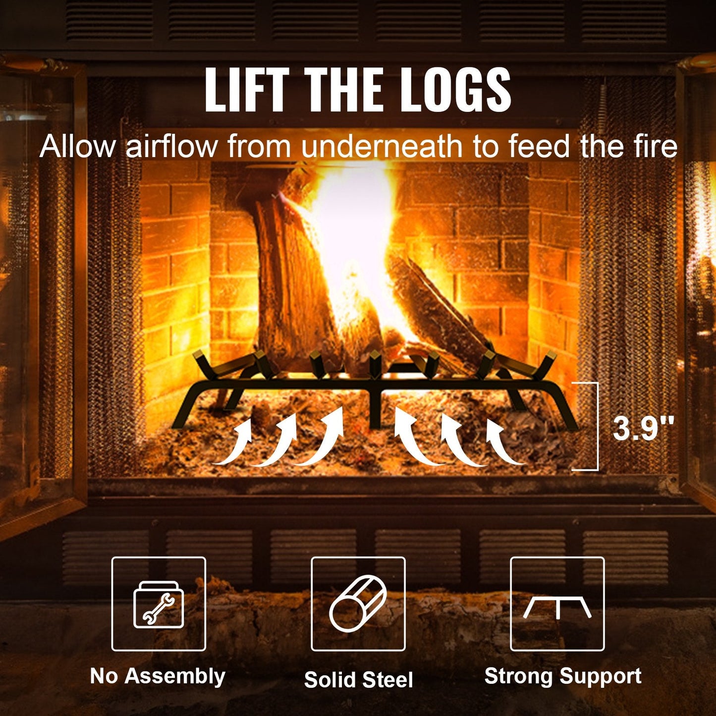 Heavy Duty 0.76m Fireplace Log Grate with 6 Legs, Powder-Coated Steel Bars