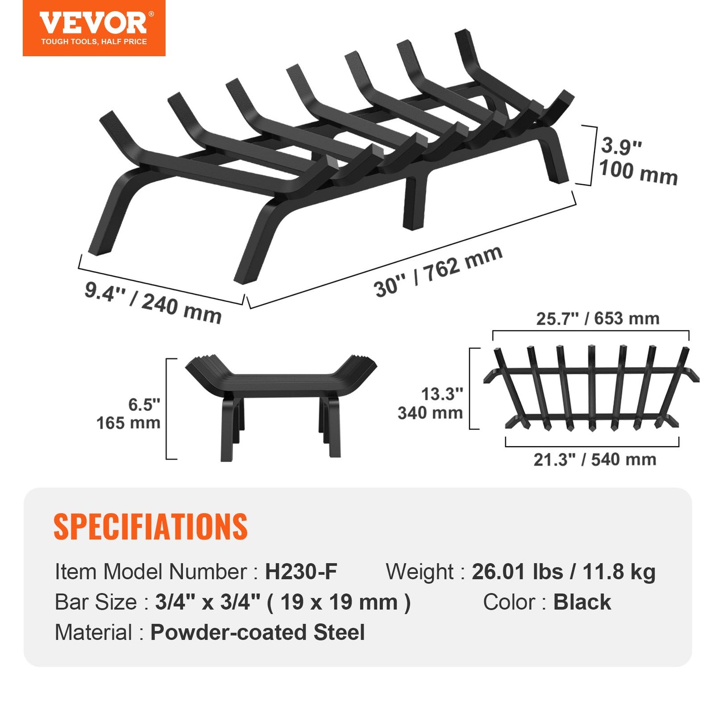 VEVOR Fireplace Log Grate, 762mm Heavy Duty Fireplace Grate with 6 Support Legs,