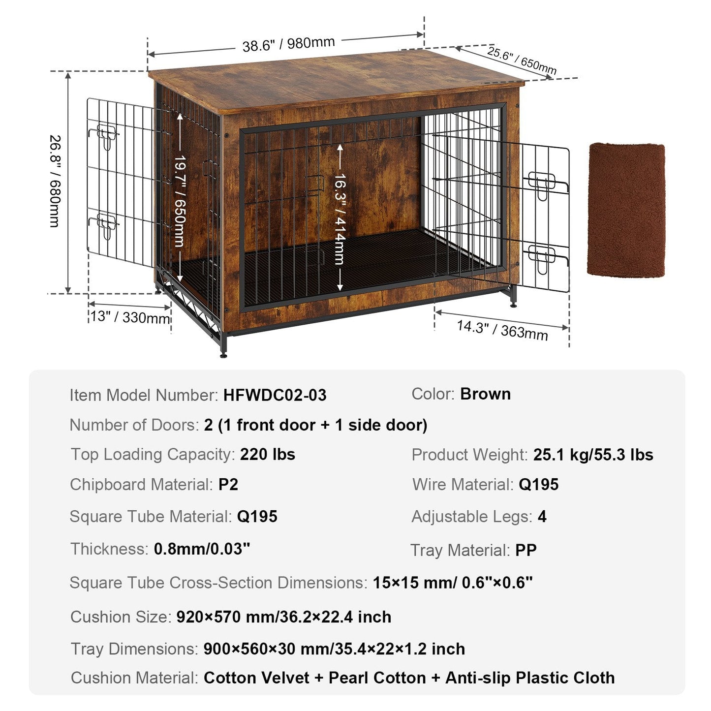 Rustic Brown Wooden Dog Crate Furniture with Double Doors, 1m for Dogs up to 32kg
