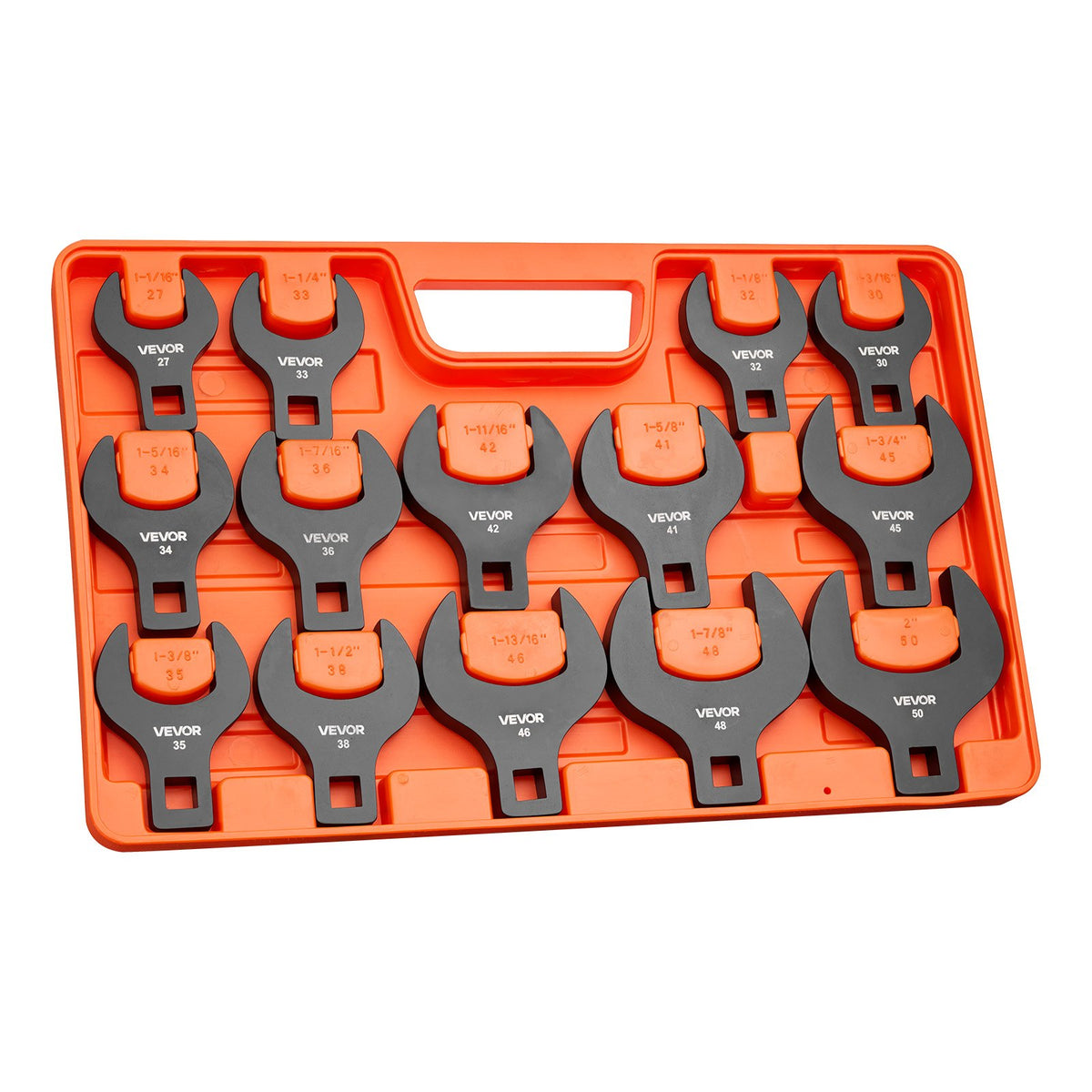 Crowfoot Wrench Set, 1/2" Drive, 14-Piece Metric 27 to 50 mm Crows Foot Wrenches, 40Cr Alloy Steel, with Storage Tray, Dual Size Markings on Tools and Tray, for Auto Maintenance or Repairs