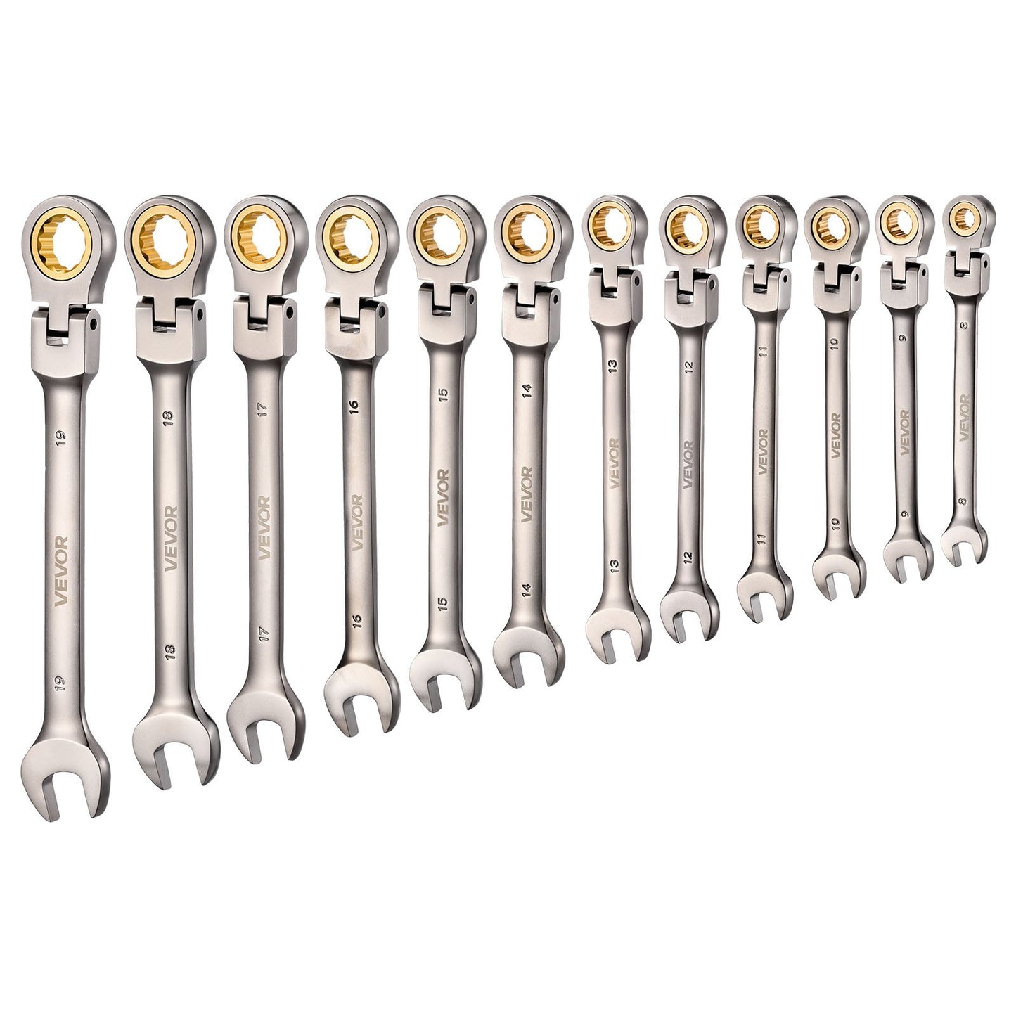 Flex-Head Ratcheting Wrench Set, 12-Piece Metric 8 mm to 19 mm, 72 Teeth, Cr-V Steel Ratchet Flexible Combination Wrench Set with Roll Up Pouch, for General Household and Automotive Repairs