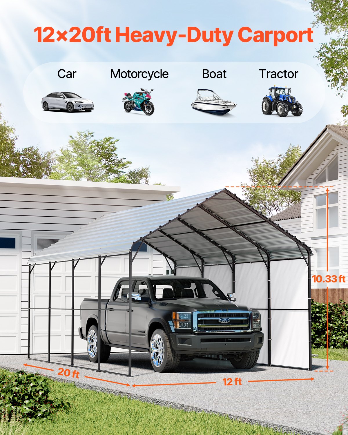 VEVOR 12' x 20' Metal Carport Heavy Duty Outdoor Car Shelter Garage for Boats