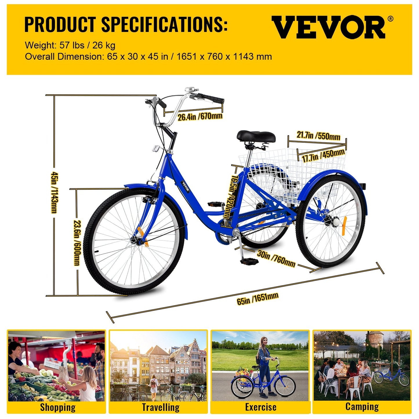 Blue Adult 3-Wheel Tricycle with Large Basket, 24-Inch Wheels, 1-Speed