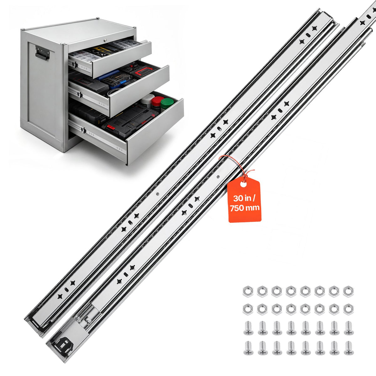 Heavy Duty Drawer Slides, 75 cm 120.2 kg Load Side Mount Rails, for Cabinets, Kitchen, Workbench, RV, 3-Fold Full Extension Ball Bearing Rails, Carbon Steel, with Screws & Nuts, 1 Pair