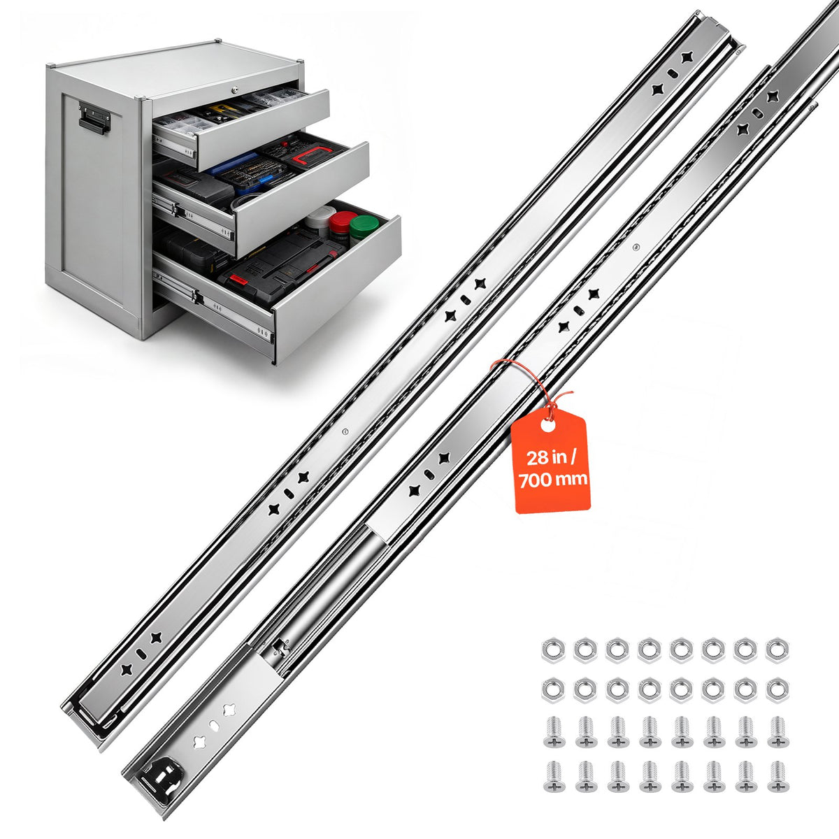 Heavy Duty Drawer Slides, 70 cm 120.2 kg Load Side Mount Rails, for Cabinets, Kitchen, Workbench, RV, 3-Fold Full Extension Ball Bearing Rails, Carbon Steel, with Screws & Nuts, 1 Pair