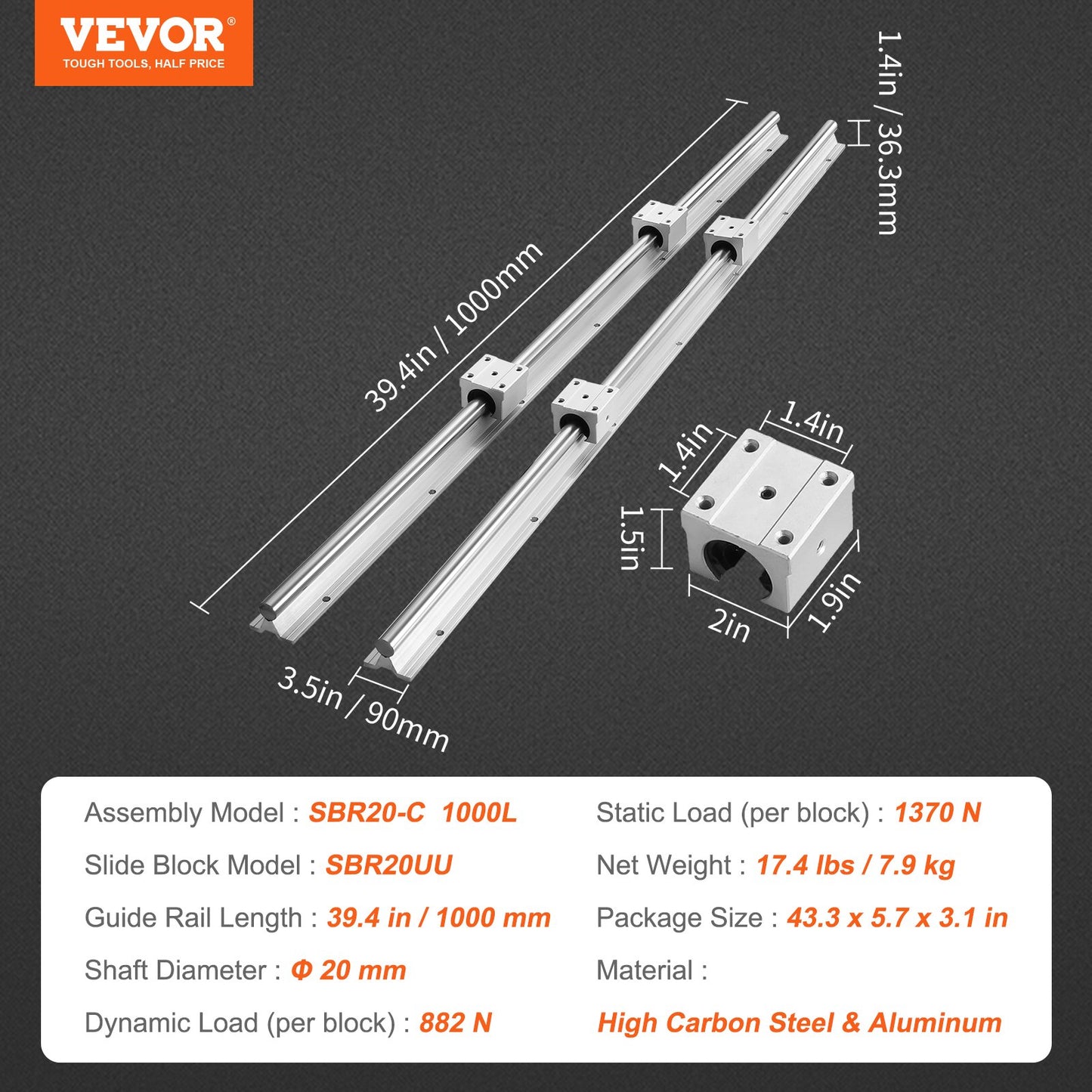VEVOR Linear Guide Rail Set, SBR20 1000mm, 2 PCS 39.4 in/1000 mm SBR20 Guide Rails