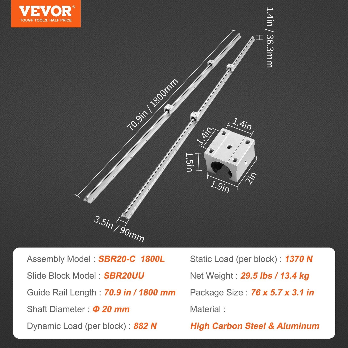 Linear Guide Rail Kit, SBR20 1.8m with Slide Blocks for CNC and DIY Projects