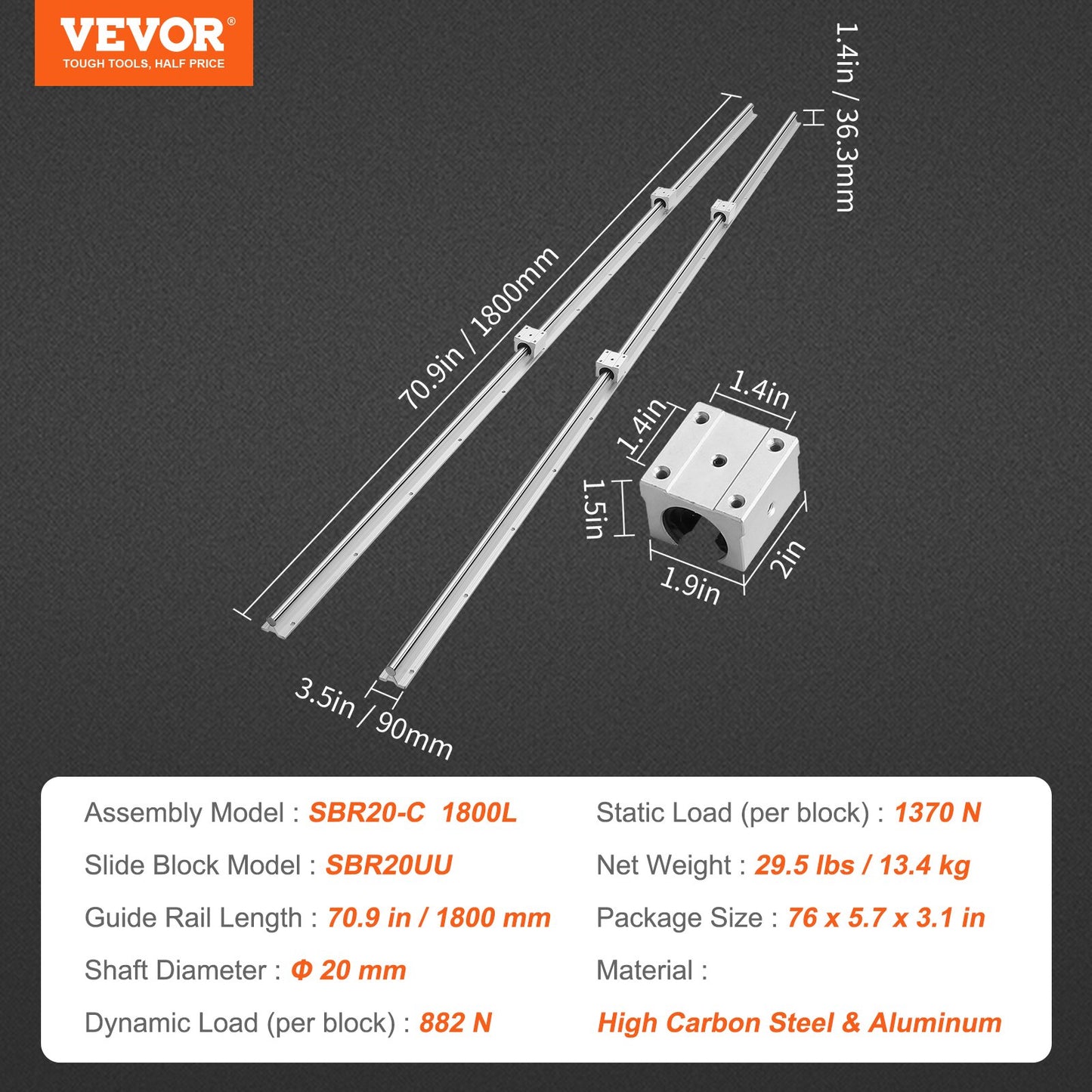 VEVOR Linear Guide Rail Set, SBR20 1800mm, 2 PCS 70.9 in/1800 mm SBR20 Guide Rails