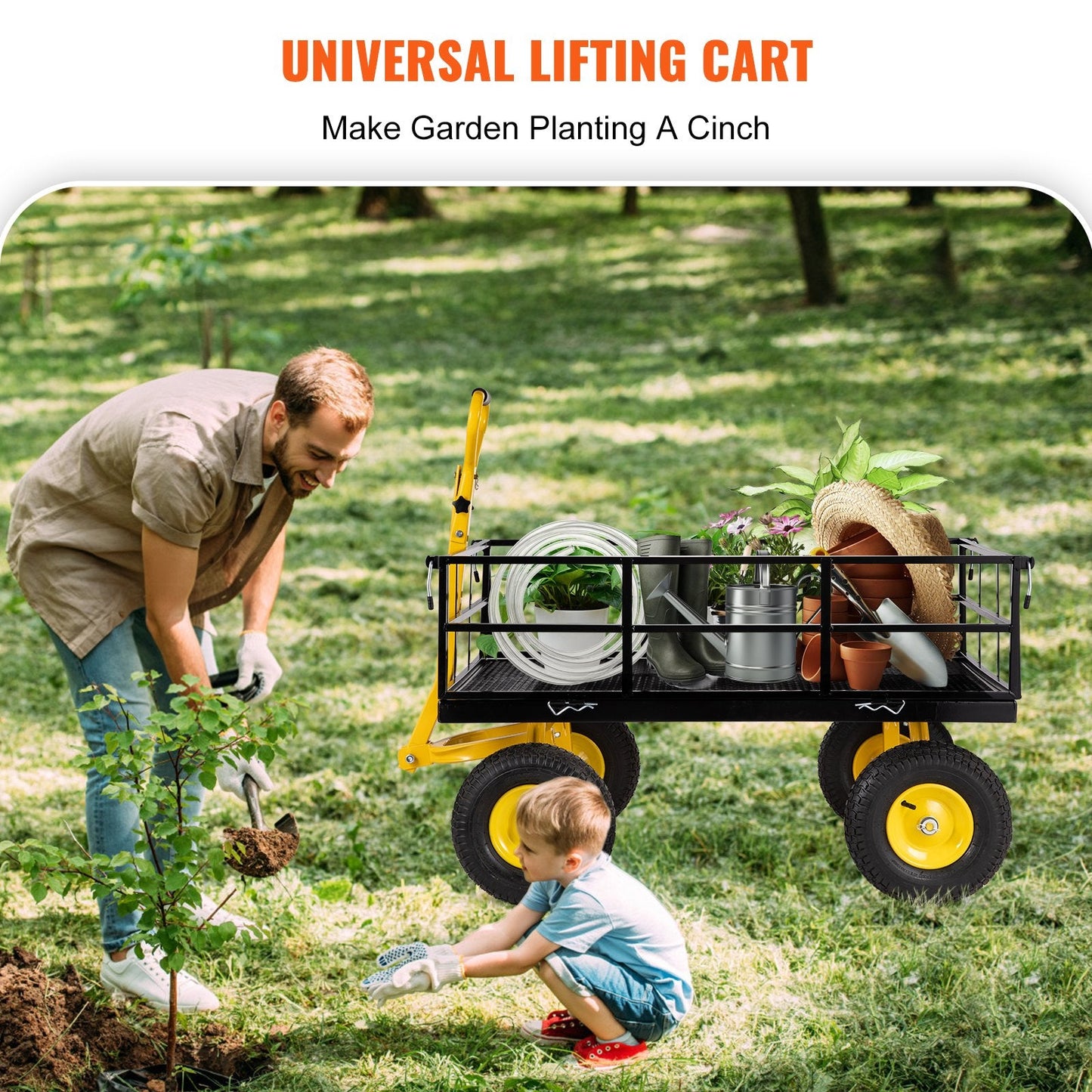 Steel Utility Garden Cart, 544 kg Capacity, Convertible Mesh Sides, 33 cm Tires
