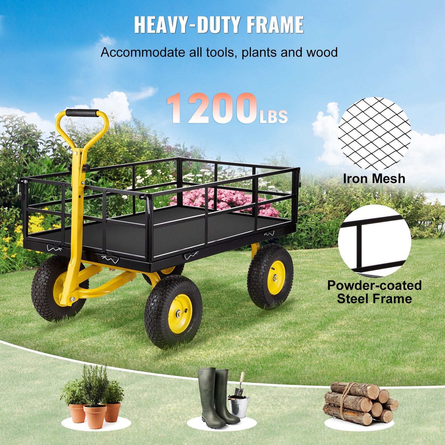 VEVOR Steel Garden Cart, Heavy Duty 1200 lbs Capacity, with Removable Mesh Sides