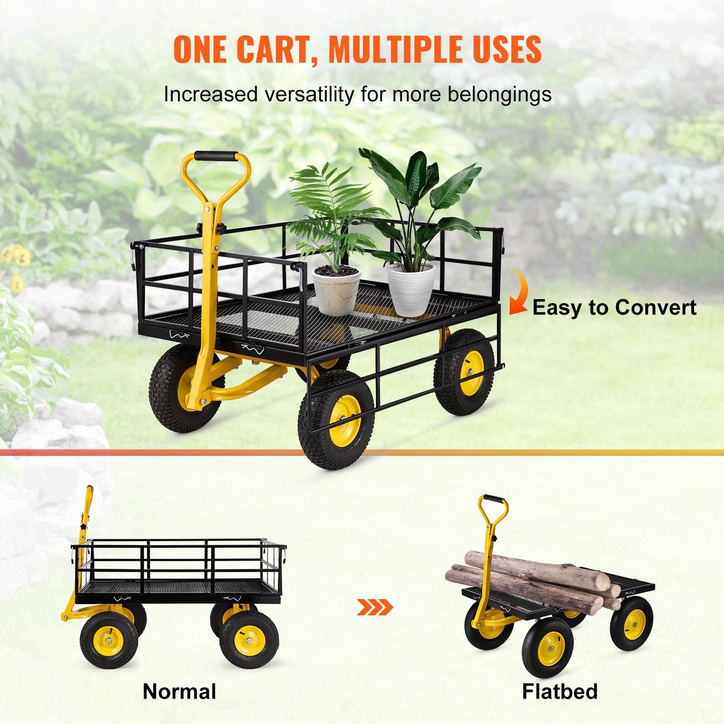 VEVOR Steel Garden Cart, Heavy Duty 1200 lbs Capacity, with Removable Mesh Sides