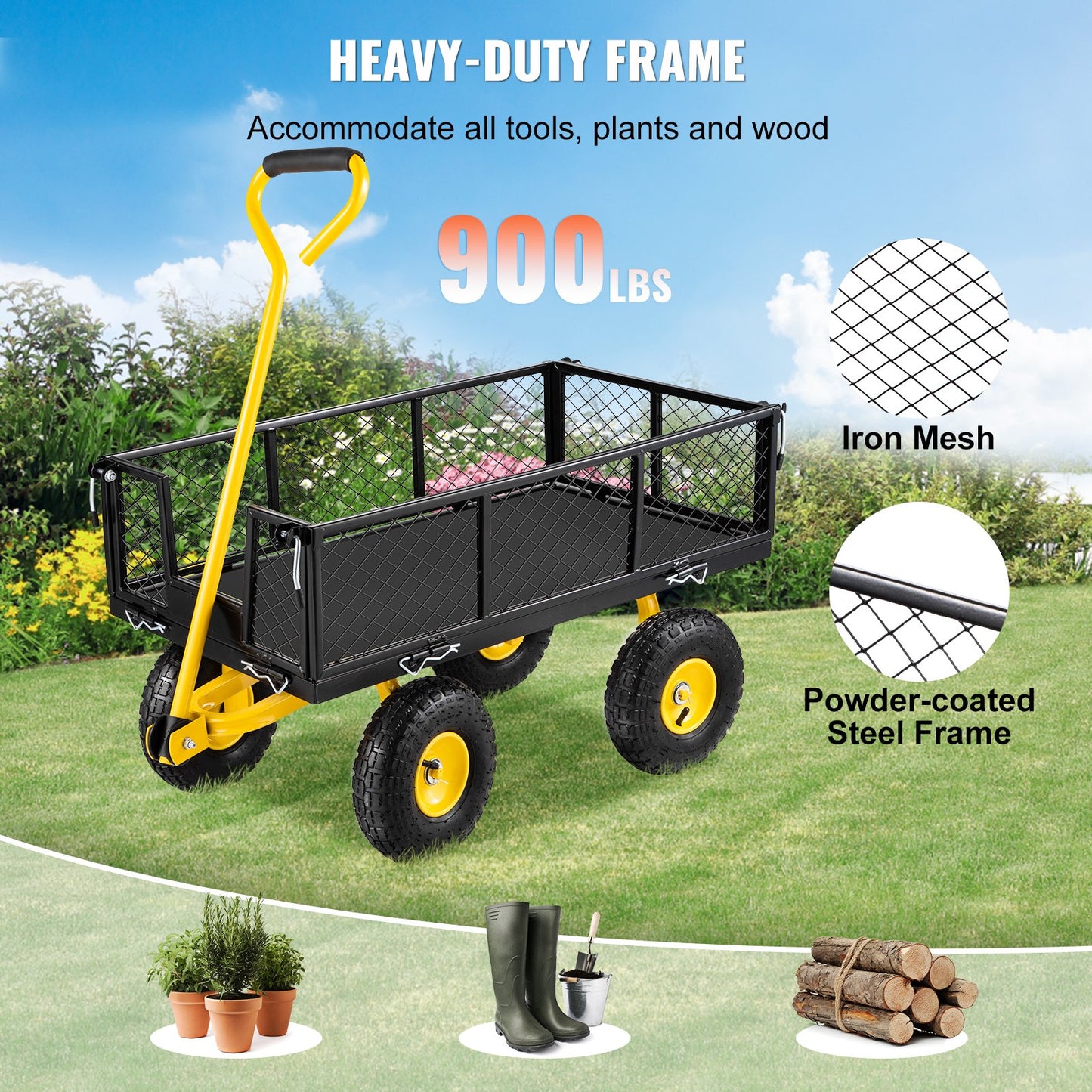 VEVOR Steel Garden Cart, Heavy Duty 900 lbs Capacity, with Removable Mesh Sides