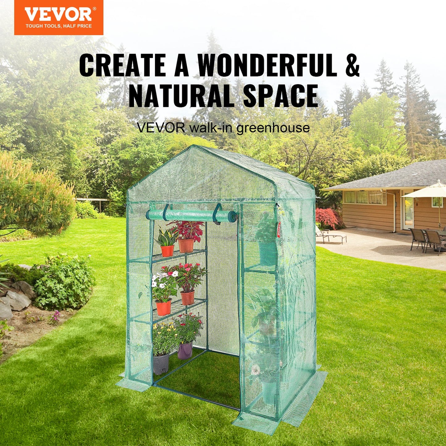VEVOR Walk-in Green House, 4.6 x 2.4 x 6.7 ft Greenhouse with Shelves, Set Up