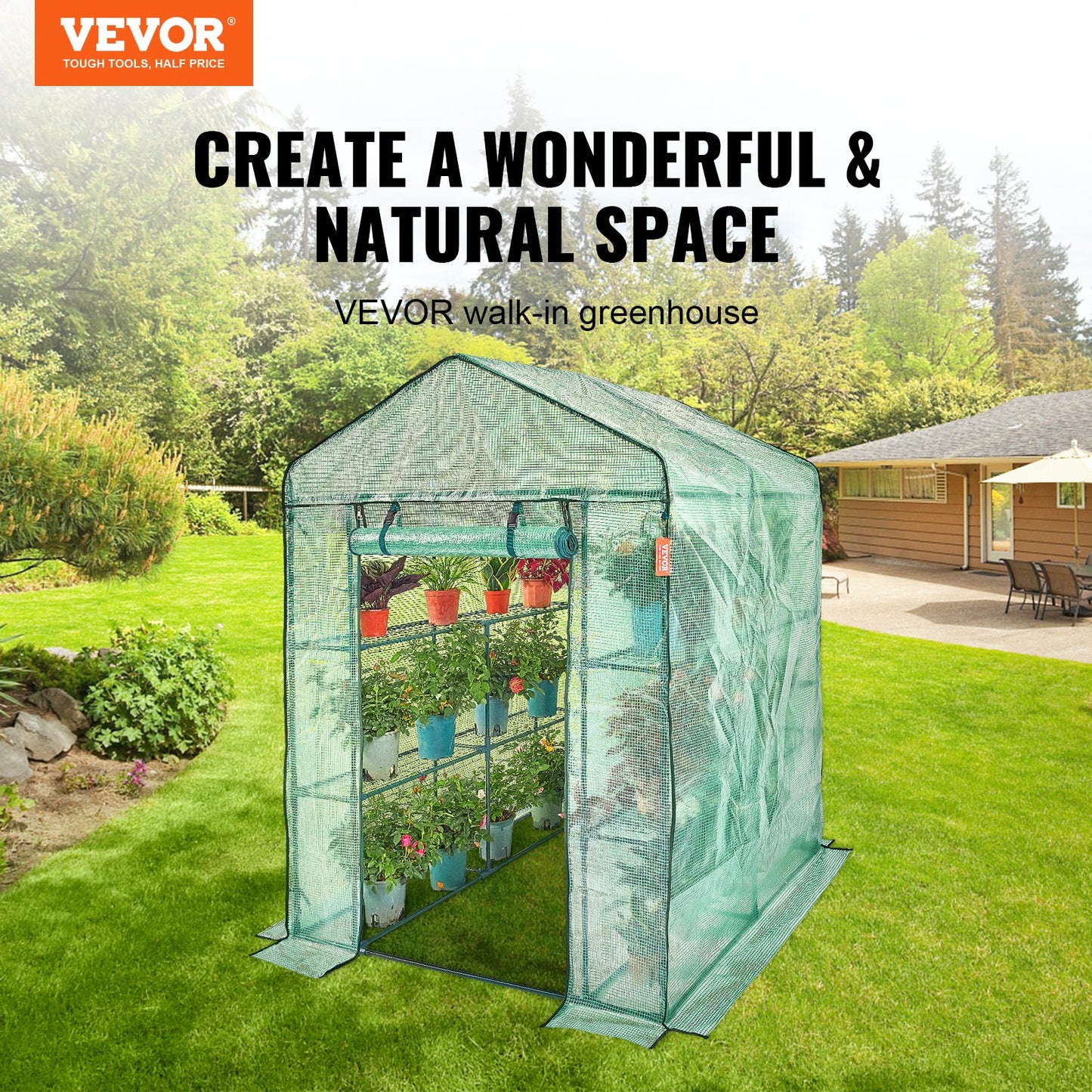 VEVOR Walk-in Green House, 4.6 x 4.6 x 6.6 ft Greenhouse with Shelves, Set Up