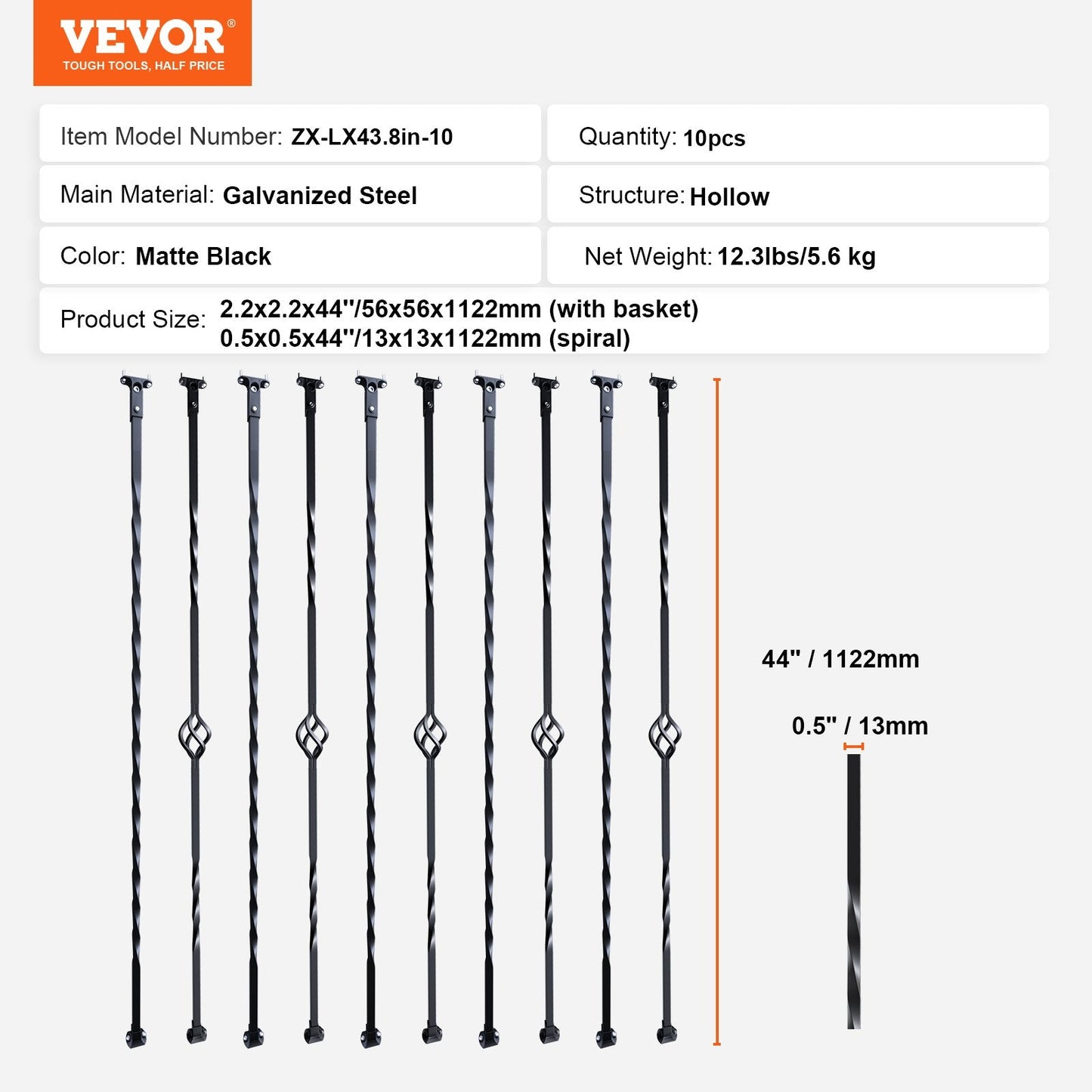 Decorative Steel Staircase Balusters, 1.12m x 13mm, 10-Pack, Matte Black