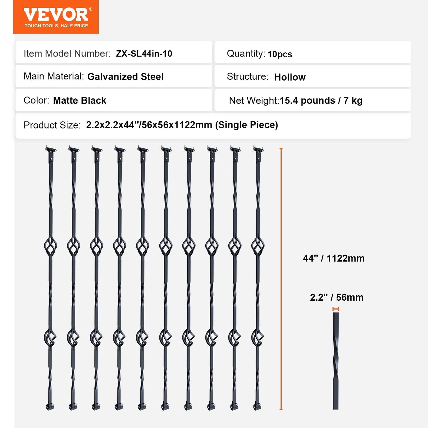 Decorative Spiral Staircase Balusters – 1.1m Matte Black Steel, 10-Pack with Baskets