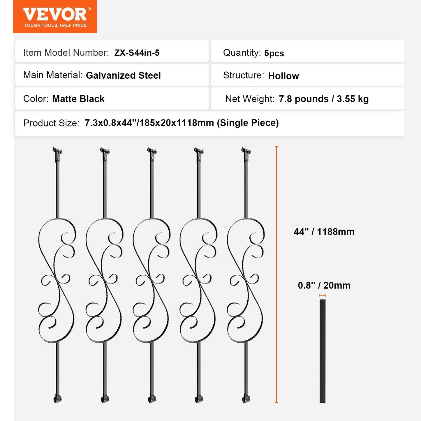 Decorative Spiral Staircase Balusters, 1.1m Matte Black, 5-Pack with Shoes & Screws