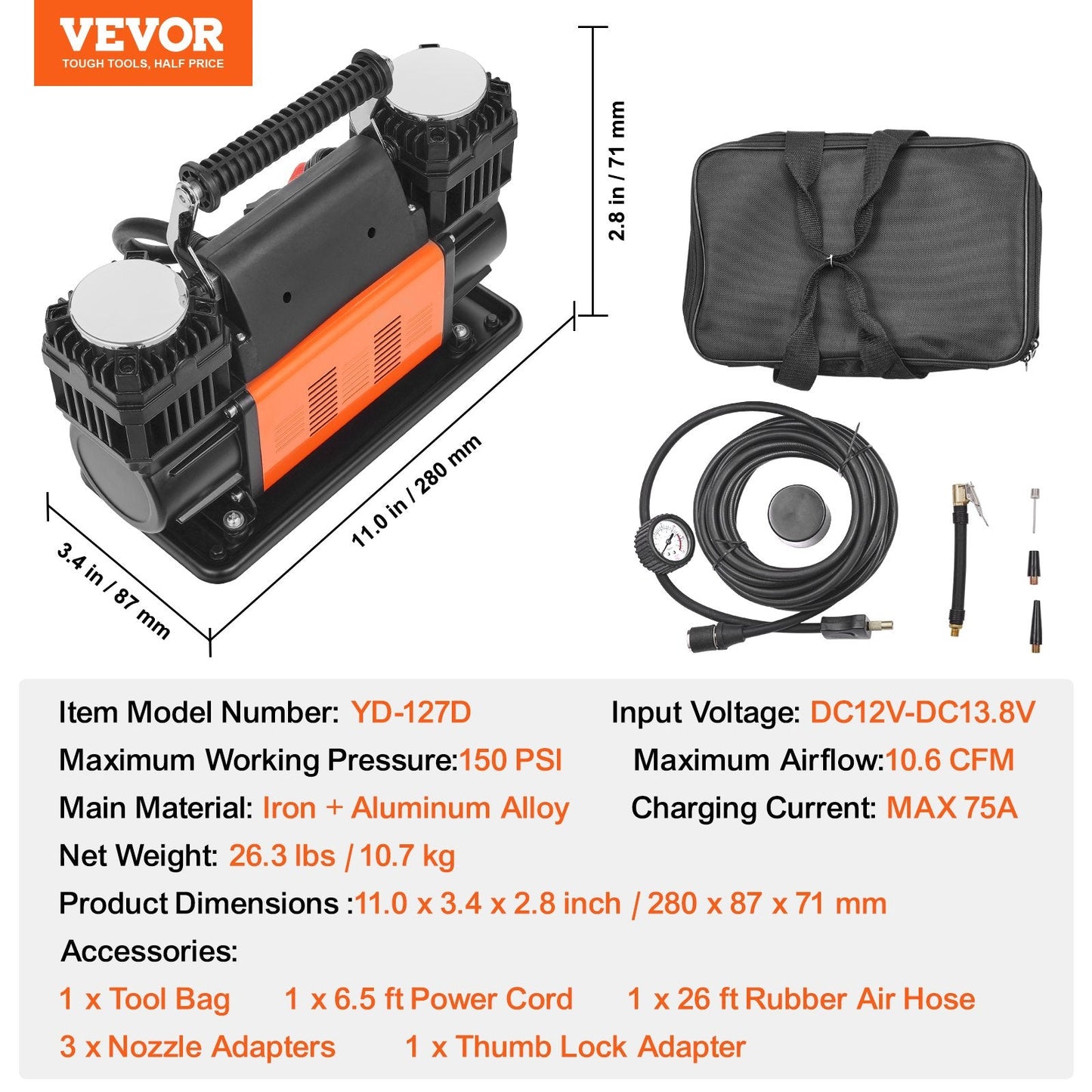 Portable Dual-Cylinder Air Compressor, 12V, 150 PSI, 10.6 CFM, 10.7 kg